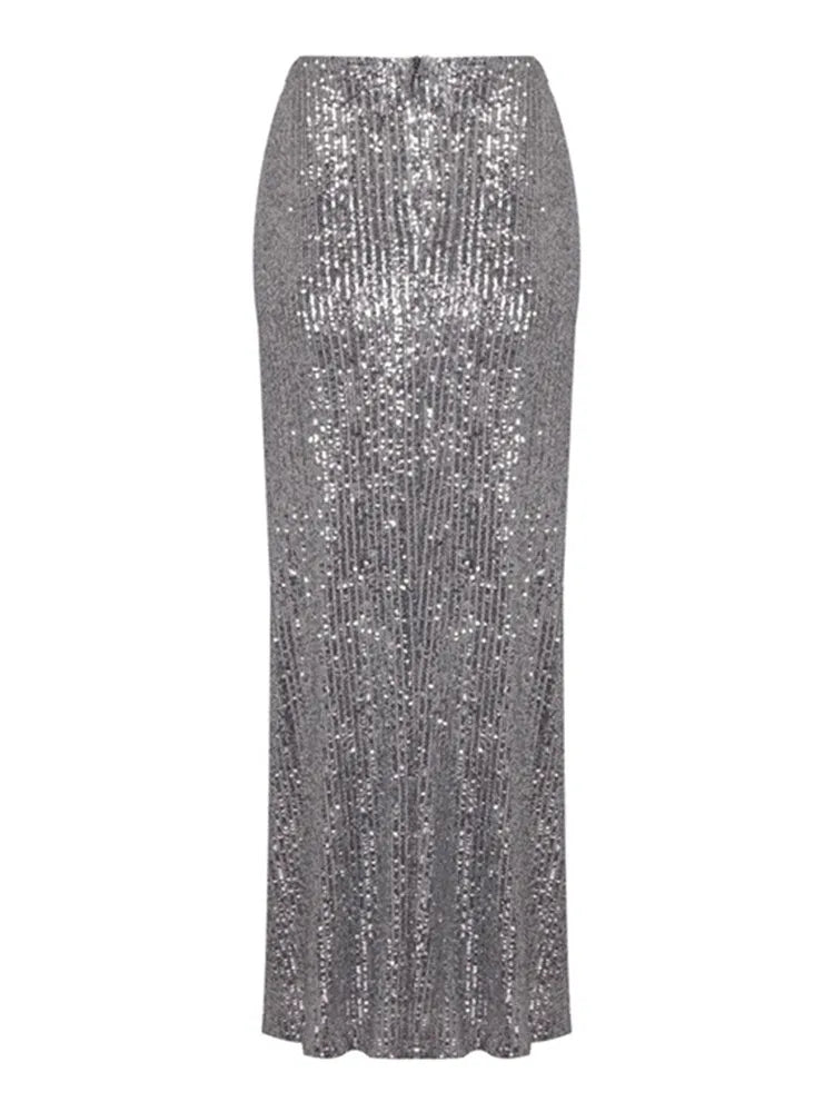 Heidi-Mode | Frauen Mesh Pailletten Blume Funkelnd Silber Midi Bodycon Rock Designer Hohe Taille Fest Büro Damen Elegant Schlitz Rock