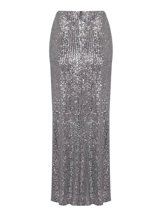 Heidi-Mode | Frauen Mesh Pailletten Blume Funkelnd Silber Midi Bodycon Rock Designer Hohe Taille Fest Büro Damen Elegant Schlitz Rock