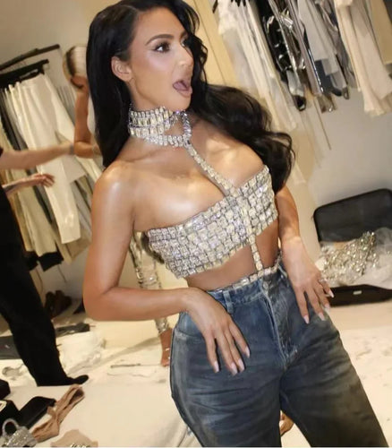 Heidi-Mode | Berühmtheitsmode Roter Teppich Kleidung Damen Strass Große Kristall Sexy Neckholder Tops Nachtclub Party Tv Show Tops Tank Hochwertig