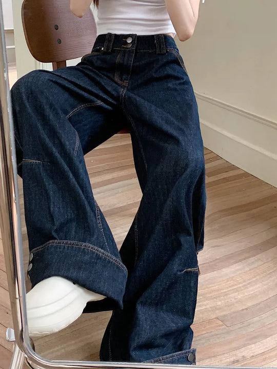 Heidi-Mode | Trashy Y2K Mode Knopfmanschetten Dunkelblaue Baggy Jeans Hosen für Damen Kleidung Schlichte Elegante Hosen Damen Pantalon Femme