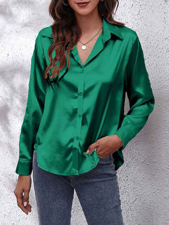 Heidi-Mode | Damen Satin Bluse Lockere Passform, Knopfverschluss, Seidenärmel