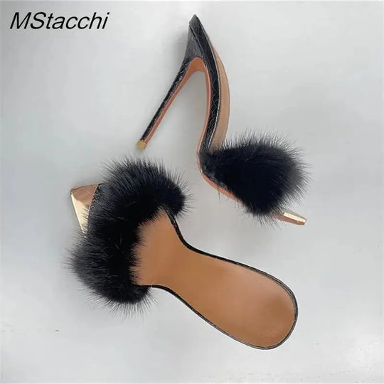 Heidi-Mode | Sommer Furry Mules Schuhe Peep Toe Dünne Absätze Slippers Frauen Sxy Metall Dekoration Spitz Zehe Gladiator Sandalen Fest Stiletto