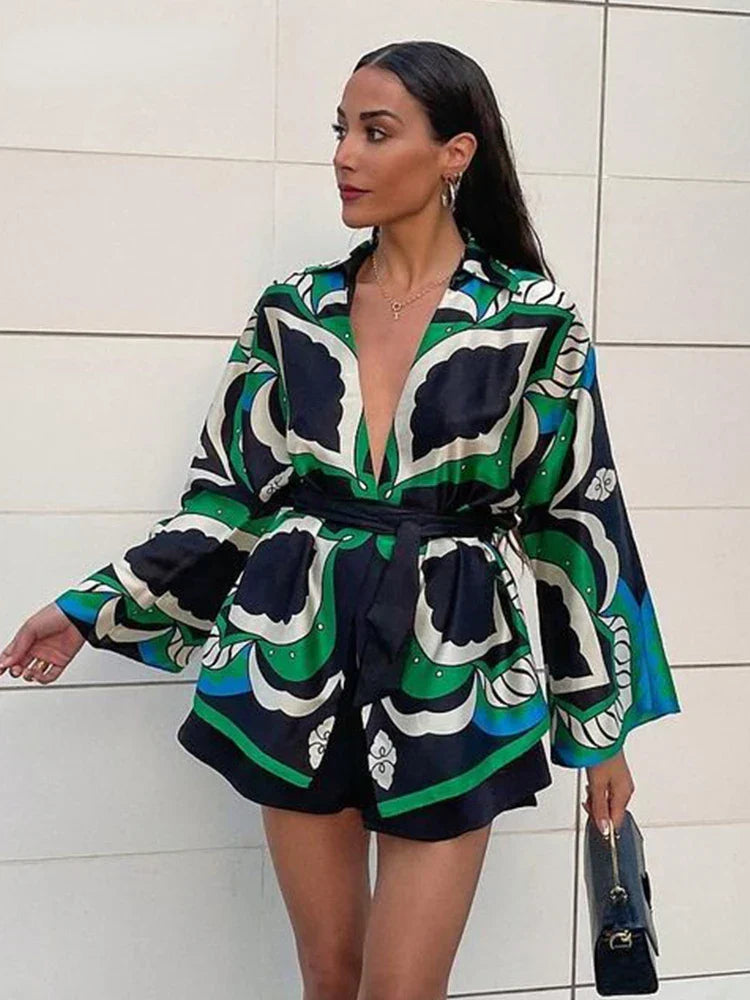 Heidi-Mode | Foridol Übergröße Grün Print Boho Frauen Shorts Set Shirts Shorts Hosen Drei Stücke Mode Set Passende Set Sommer