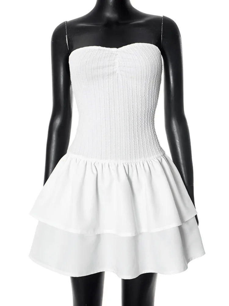 Heidi-Mode | Off Shoulder Enganliegend Ohne Träger Sexy Mini Kleid für Frauen Weiß Spaghetti-Träger Ärmelos Hohe Taille A-Linie Kuchen Kleid Vestido