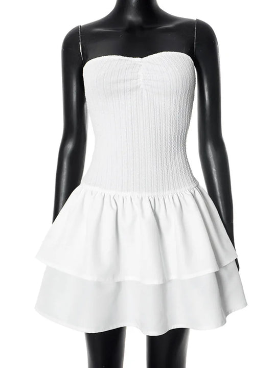 Heidi-Mode | Off Shoulder Enganliegend Ohne Träger Sexy Mini Kleid für Frauen Weiß Spaghetti-Träger Ärmelos Hohe Taille A-Linie Kuchen Kleid Vestido