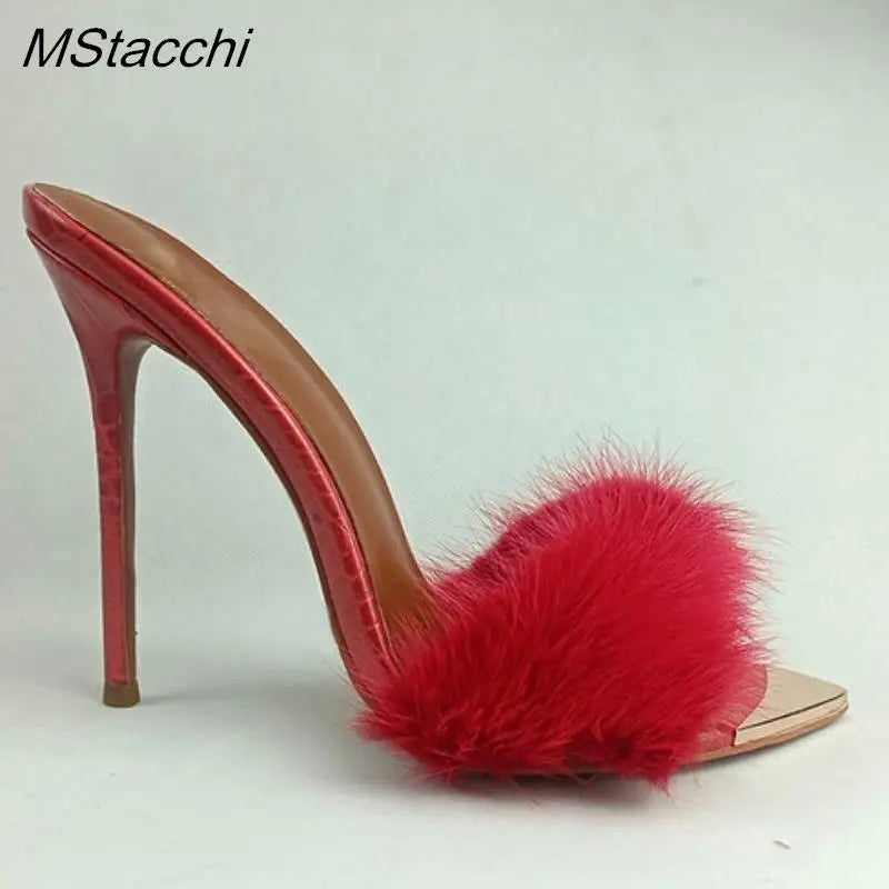 Heidi-Mode | Sommer Furry Mules Schuhe Peep Toe Dünne Absätze Slippers Frauen Sxy Metall Dekoration Spitz Zehe Gladiator Sandalen Fest Stiletto