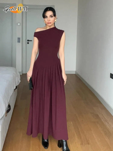 Heidi-Mode | Chic Off Shoulder Unregelmäßiger Hals Frauen Kleid Elegante Hohe Taille A-Linie Saum Plissierte Midi Kleider Neu Sommer Damen Pendelrobe