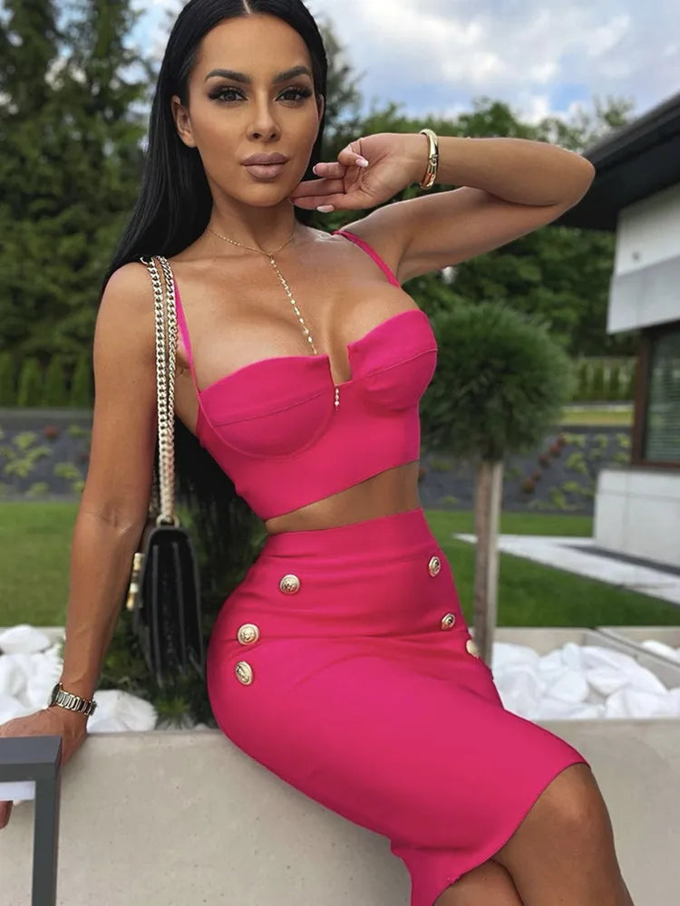 Heidi-Mode | Frauen Sommer Sexy Ärmellos V-Ausschnitt Knopf Schwarz Beige Heißpink Mini Bodycon Bandage Set Elegant Abendclub Party Outfits