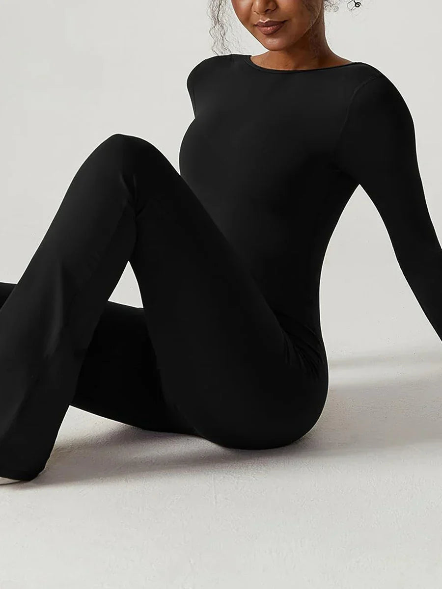 Heidi-Mode | Frauen Sexy Eng Anliegend Rückenfrei Langarm Flare Jumpsuit Bodycon Einfarbig Leggings Romper Playsuit Streetwear
