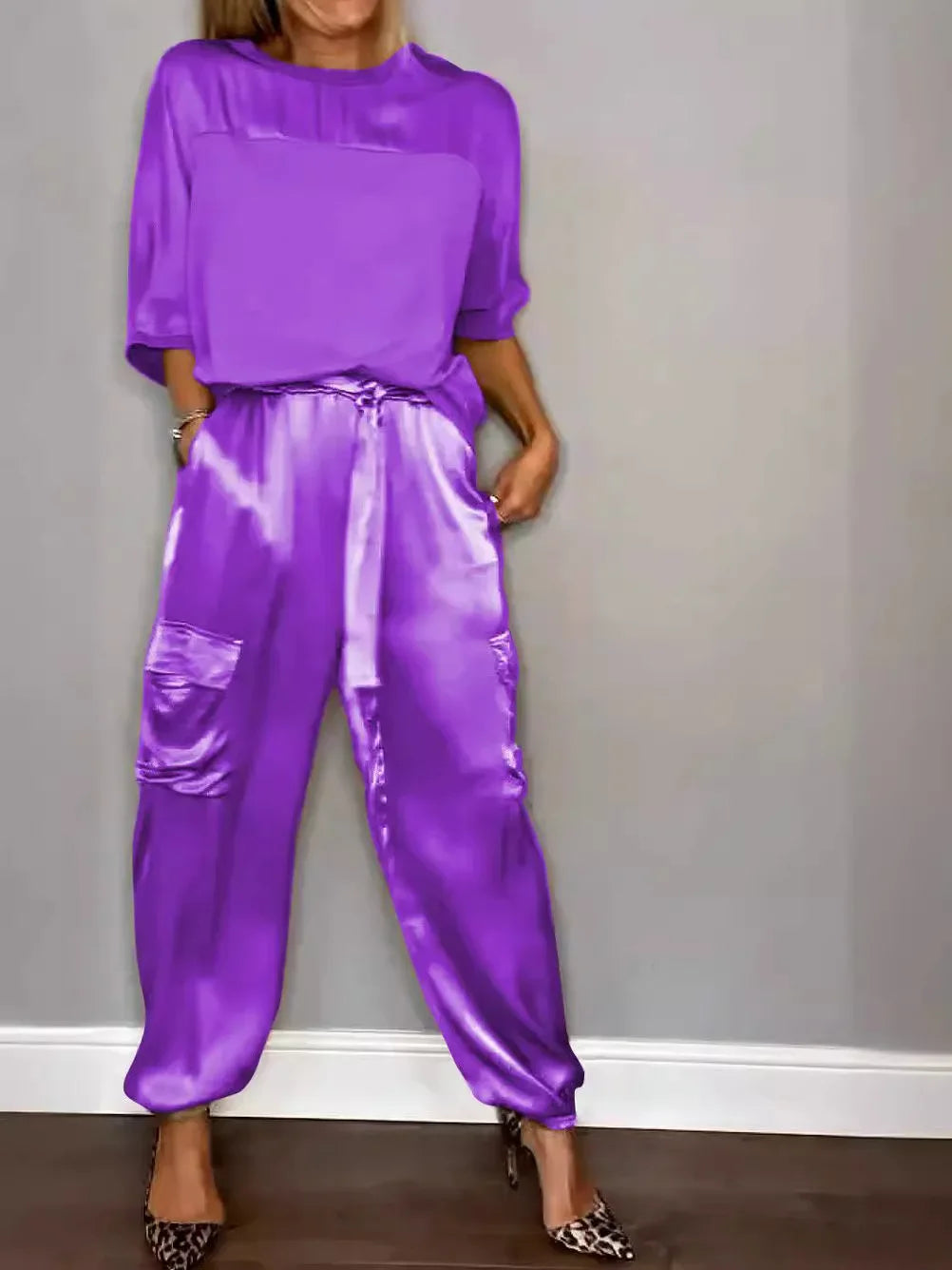 Heidi-Mode | Sommer Satin 2 Teilig Set Frauen Lässig Einfarbig 2 Teilig Outfit Halblange Ärmel Top Lockere Passform Hosen Set Zwei Teilige Set
