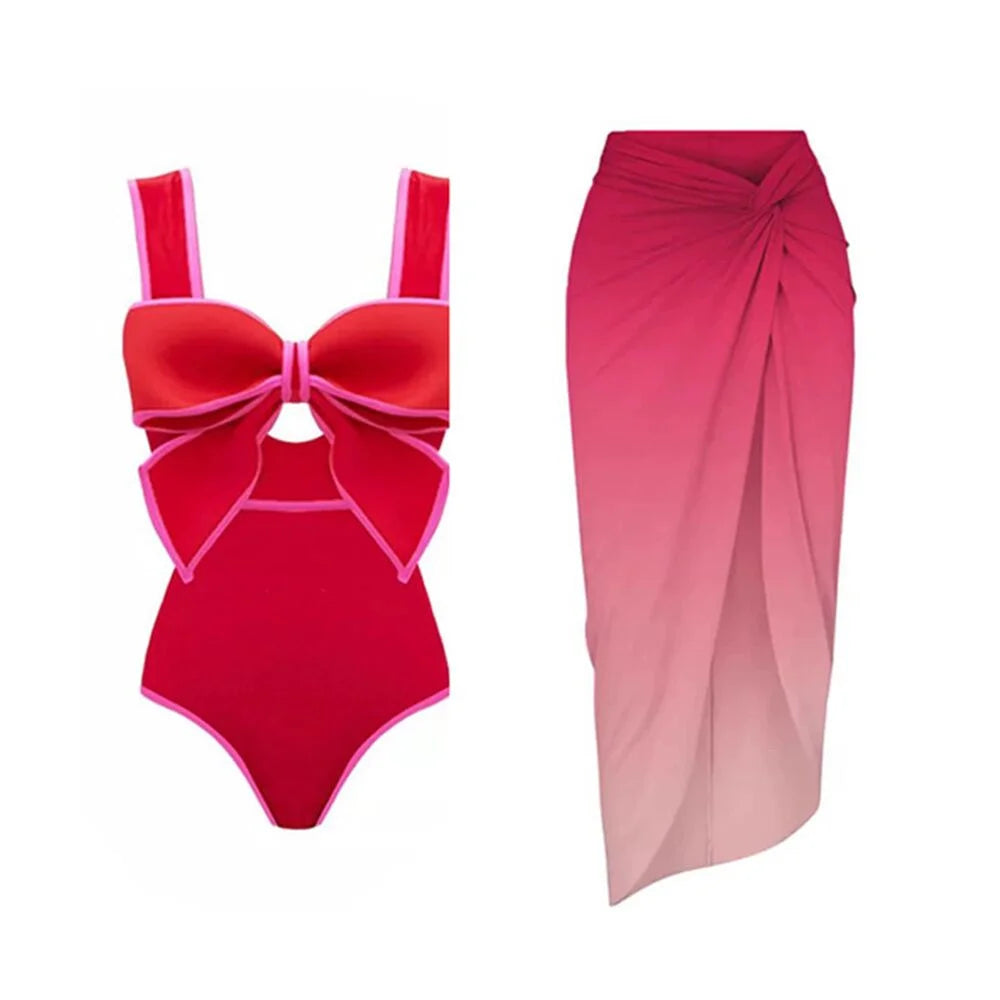 Heidi-Mode | Einteiler Badeanzug mit Passendem Midi Rock für Frauen Neue Bademode Frau Schleife Dekor Monokini Strand Badeanzug