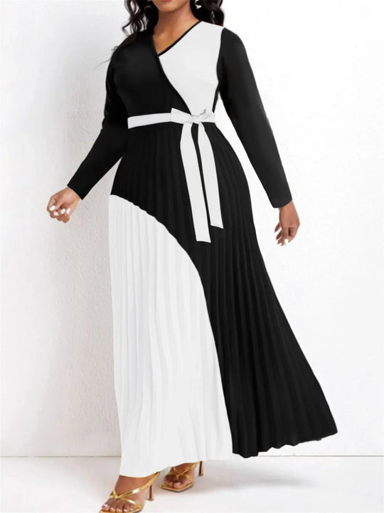 Heidi-Mode | Elegante Herbst Maxi Kleider Bandage Design Geschichteter Plisseefalten A-Linie Kleid Gürtelträger Lange Ärmel V-Ausschnitt Fließendes Patchwork Vestidos