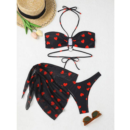 Heidi-Mode | Frauen 3Er Pack Herzprint Bikini Set mit Rock Bandeau Bademode Tanga Bademode Strandbekleidung Push-Up Bikinis Badeanzug