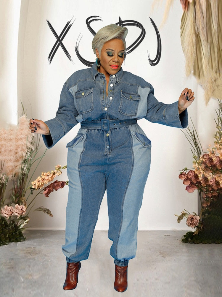 Heidi-Mode | Lockerer Denim Jumpsuit mit langen Ärmeln in Übergröße