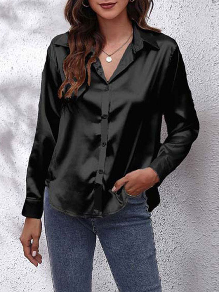 Heidi-Mode | Damen Satin Bluse Lockere Passform, Knopfverschluss, Seidenärmel