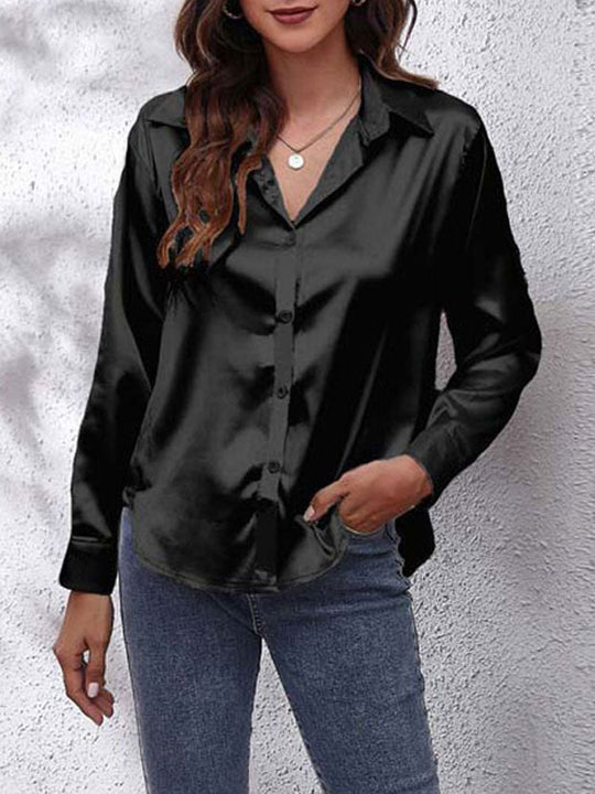 Heidi-Mode | Damen Satin Bluse Lockere Passform, Knopfverschluss, Seidenärmel