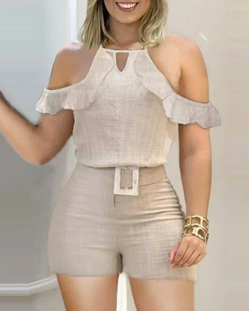 Heidi-Mode | Frauenmode Ohne Ärmel Einfarbig Crop Top Sexy Hohe Taille Eng Bodycon Lange Hose 2 Teilig Set Flared Hose Set mit Gürtel