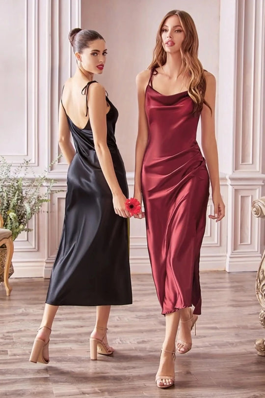 Heidi-Mode | Satin Träger Riemenloses Kleid mit Seitenschlitz