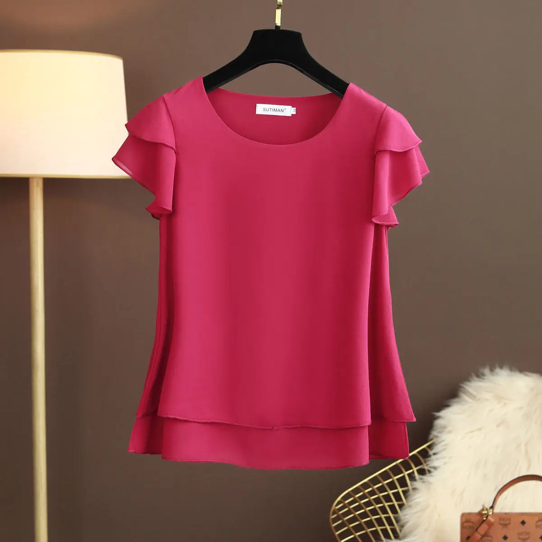 Heidi-Mode | Chiffon Bluse mit O-Ausschnitt und Kurzen Ärmeln