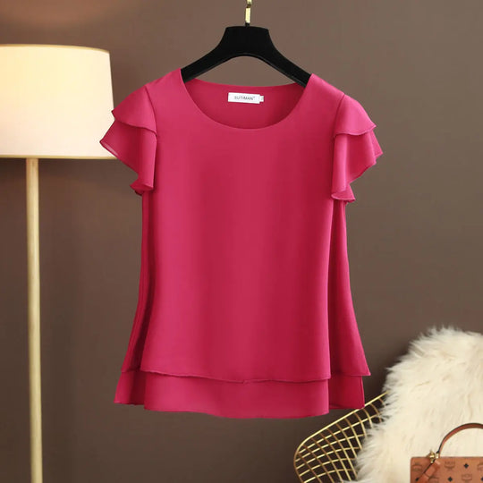 Heidi-Mode | Chiffon Bluse mit O-Ausschnitt und Kurzen Ärmeln