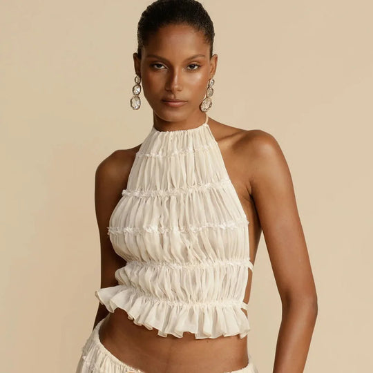 Heidi-Mode | Damen Sommerferien Strand Cover Ups Kleid Set Ärmellos Raffung Halterneck Lange Rock Anzug Top Schnüre Falten Maxi Röcke