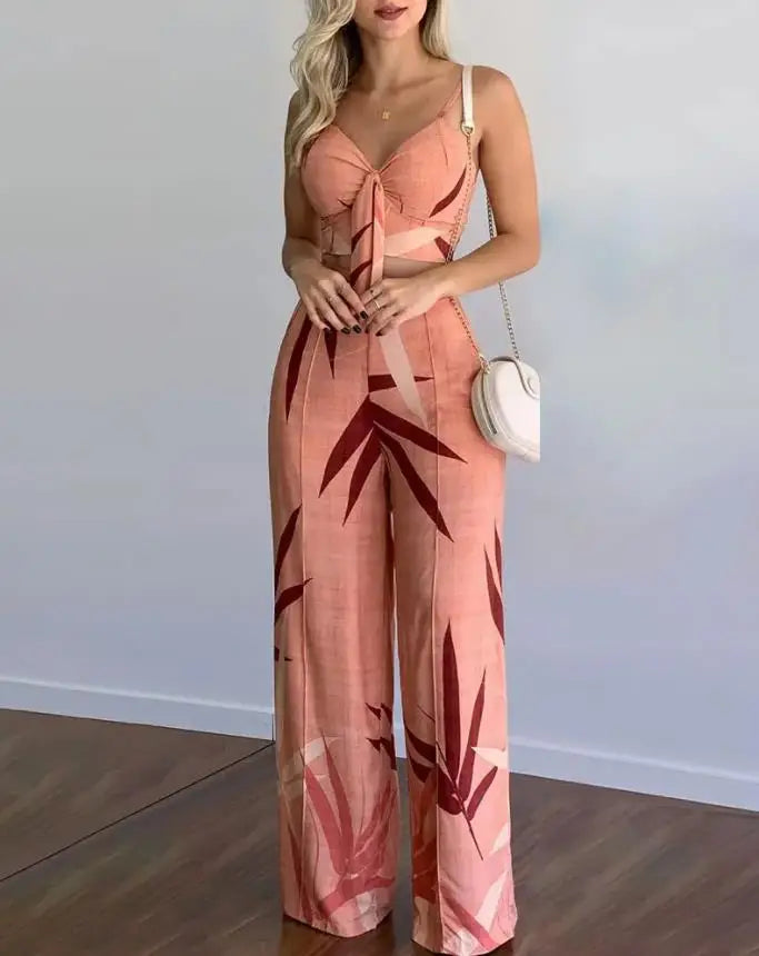 Heidi-Mode | Sommer Neu Frauen Anzug Sexy Ärmellos Rückenlos Frauen Kleidung Blattdruck Crop Top & Weite Hosen Set Lange Hosen 2 Teilig Set