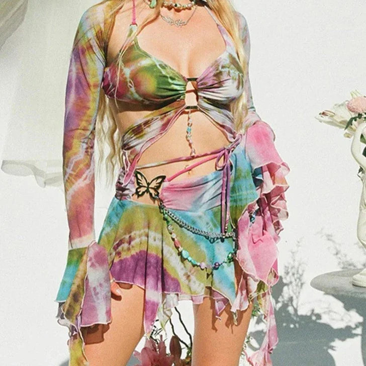 Heidi-Mode | Mesh Schmetterling Crop Top und Minirock Tie Dye Y2k Satz