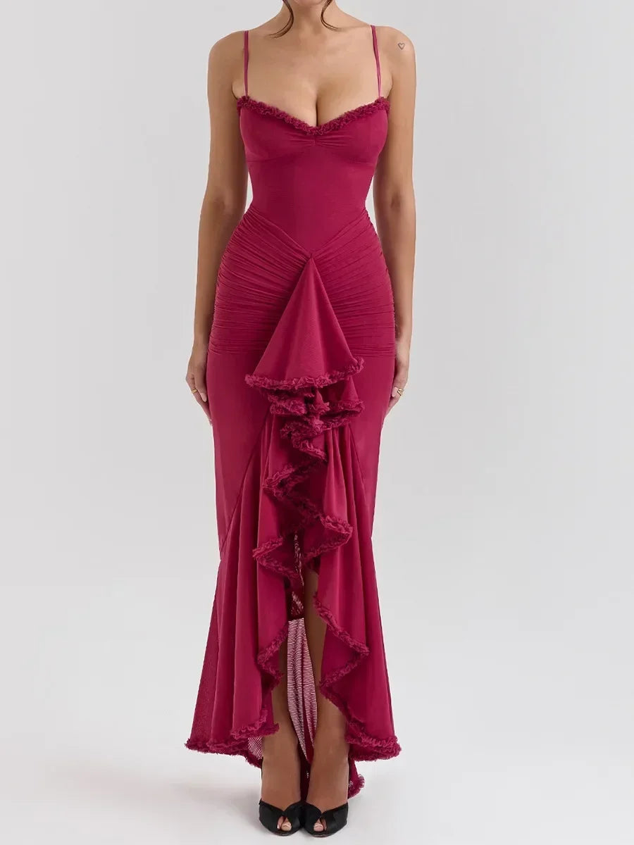 Heidi-Mode | Unregelmäßige Mesh Festkleider Neue Ankünfte Spaghetti-Träger Bodycon Kleid Mode Gerüschtes Langkleid Damen