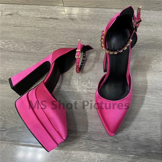 Heidi-Mode | Luxus Frauen High-Heels Schuh Plattform Sandalen Spitz Zehe Damen Seiden Pumps Sexy Strass Schnalle Chunky Absatz Hochzeitsschuhe