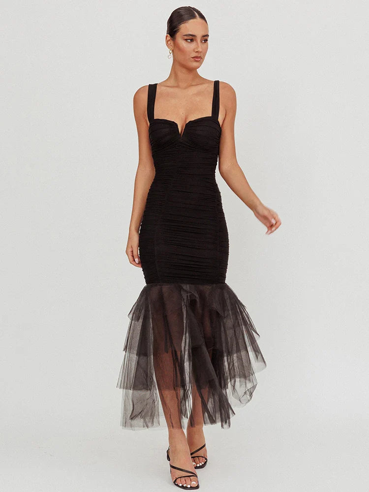 Heidi-Mode | Mesh Rückenfreies Sexy Maxikleid für Frauen Gown mit Lagen Spaghetti-Trägern Ärmellos Gerafftes Bodycon Club Party Kleid