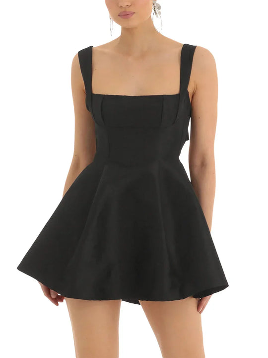 Heidi-Mode | Damen Sommer Rückenfrei Große Schleifen Träger A-Linie Kleid Süß Einfarbig Ärmellos Rechteckiger Ausschnitt Kurze Kleider für Fest Cocktail Prom
