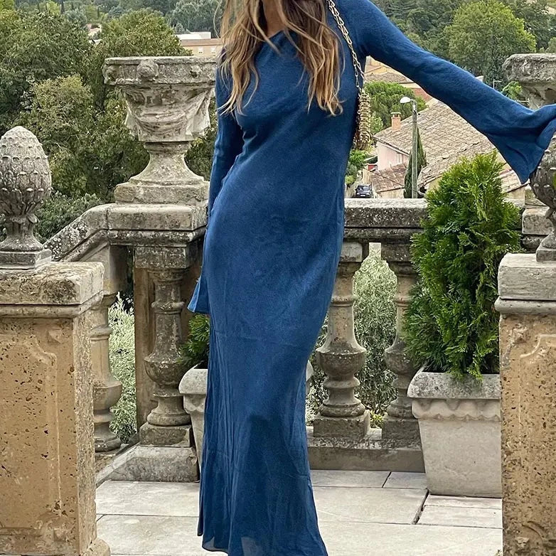 Heidi-Mode - Stilvolles und Bequemes Herbst Blau Maxi Kleid mit Langen Ärmeln für Frauen