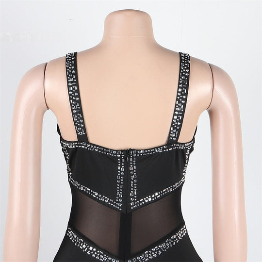 Heidi-Mode | Diamanten Netz Rückenfreies Schlaghose Overall
