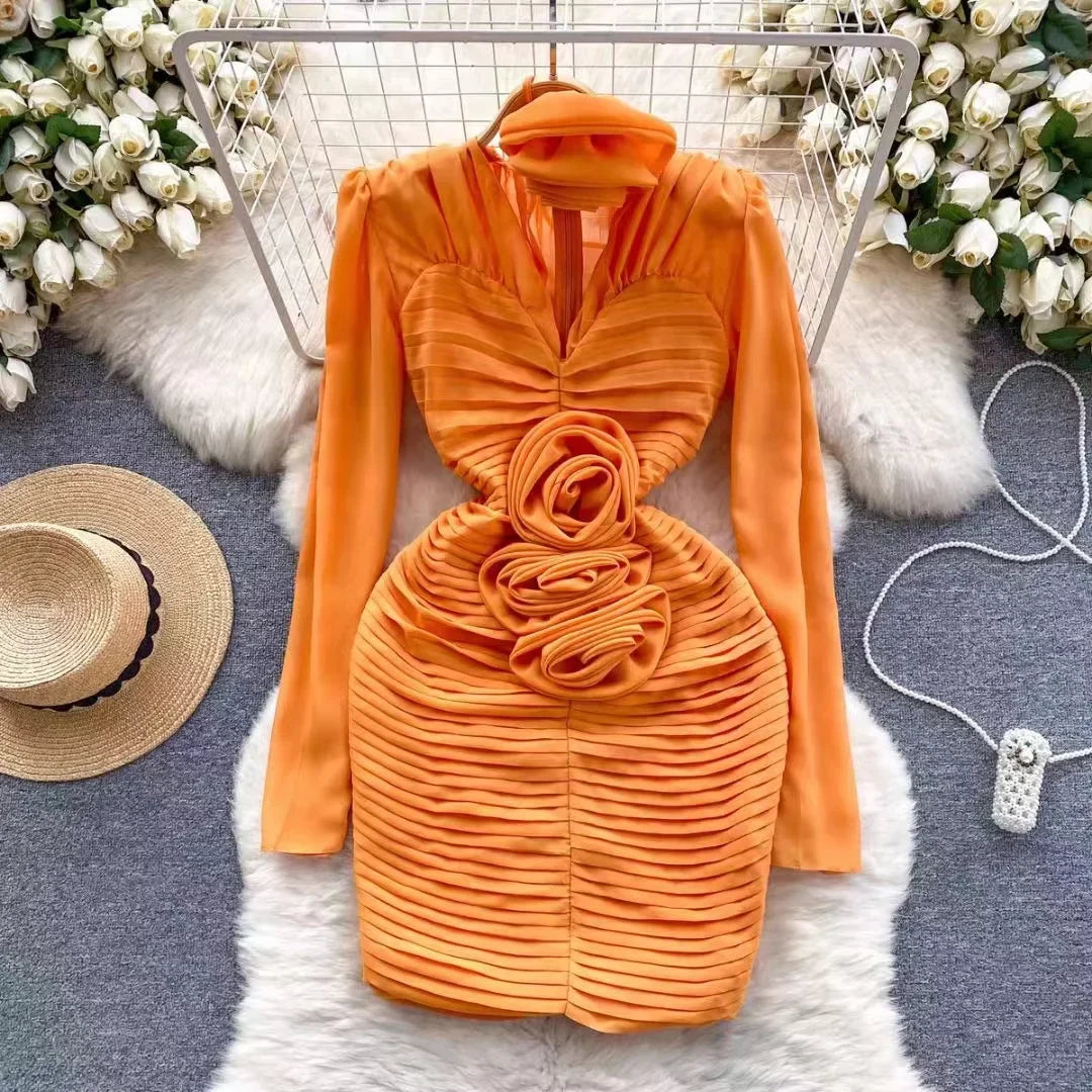 Heidi-Mode | Neue Französische Frühling 3D Rose Blume Chiffon Falten Mini Kleid Catwalk Frauen Sexy V-Ausschnitt Puffärmel Falten Slim Bodycon Festkleid