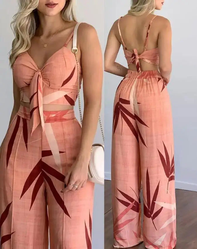 Heidi-Mode | Sommer Neu Frauen Anzug Sexy Ärmellos Rückenlos Frauen Kleidung Blattdruck Crop Top & Weite Hosen Set Lange Hosen 2 Teilig Set