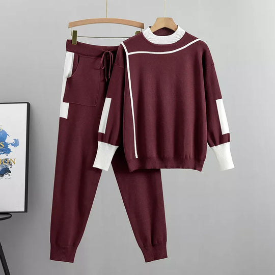 Heidi-Mode - Lässiges Herbst Strick Patchwork Oberteil und Hosen Set für Frauen