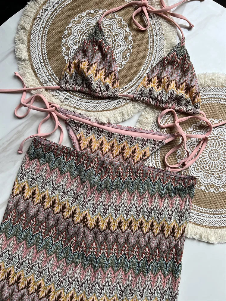 Heidi-Mode | Damen Schwimmbekleidung Farbige Ahornblätter Gestrickter Bikini Rock Dreiteiliges Set Geschnittene Schwimmbekleidung Bikini