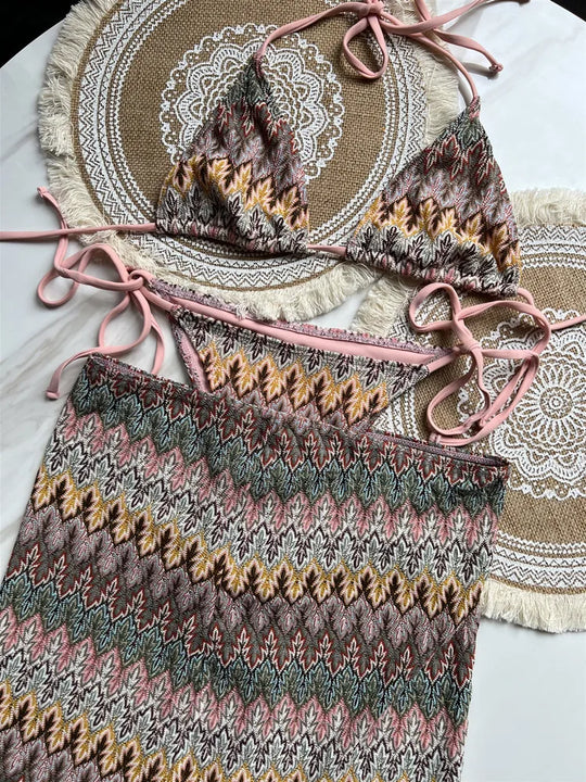 Heidi-Mode | Damen Schwimmbekleidung Farbige Ahornblätter Gestrickter Bikini Rock Dreiteiliges Set Geschnittene Schwimmbekleidung Bikini