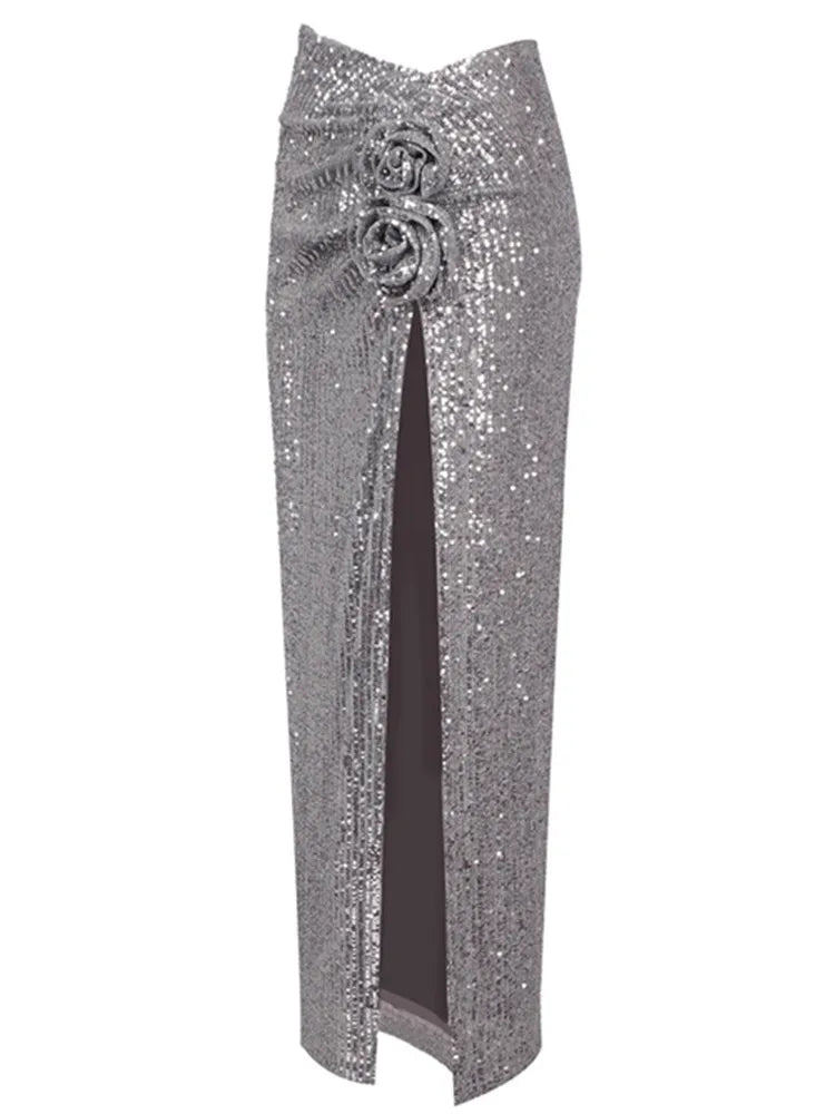 Heidi-Mode | Frauen Mesh Pailletten Blume Funkelnd Silber Midi Bodycon Rock Designer Hohe Taille Fest Büro Damen Elegant Schlitz Rock