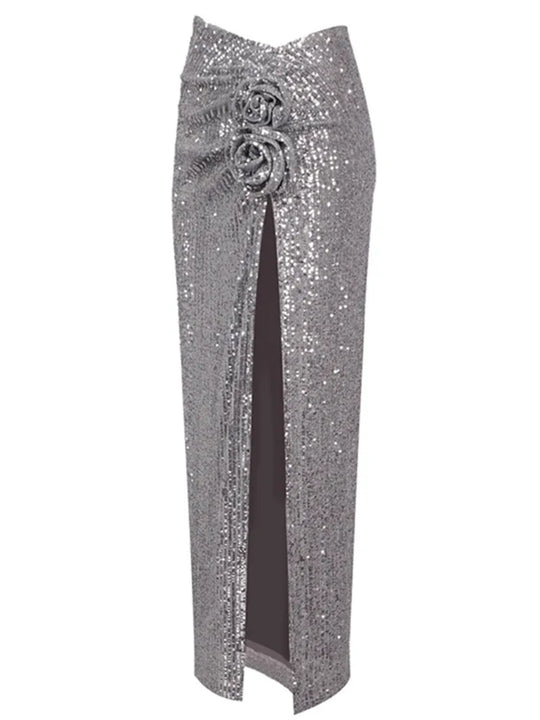 Heidi-Mode | Frauen Mesh Pailletten Blume Funkelnd Silber Midi Bodycon Rock Designer Hohe Taille Fest Büro Damen Elegant Schlitz Rock