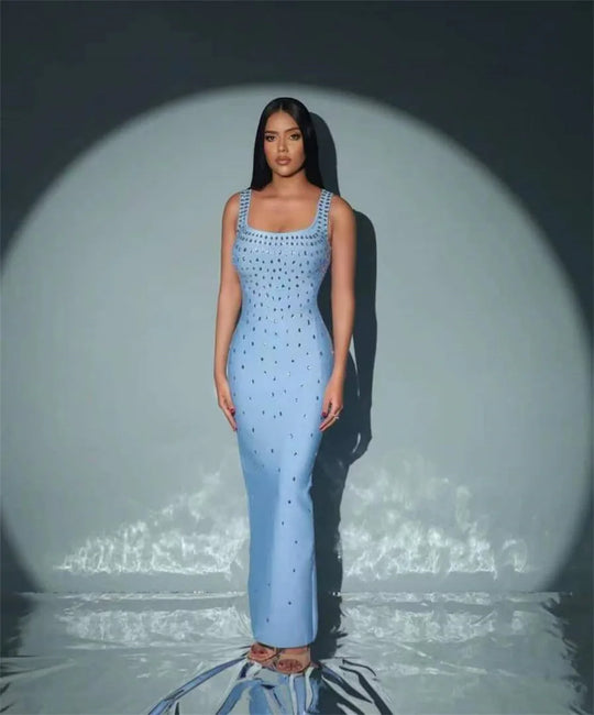 Heidi-Mode | Schwarz Himmelblau Frauen Ohne Ärmel Sexy O-Ausschnitt Schiene Kristall Bodycon Bandage Lange Kleid Celebraate Nachtclub Fest Outfit