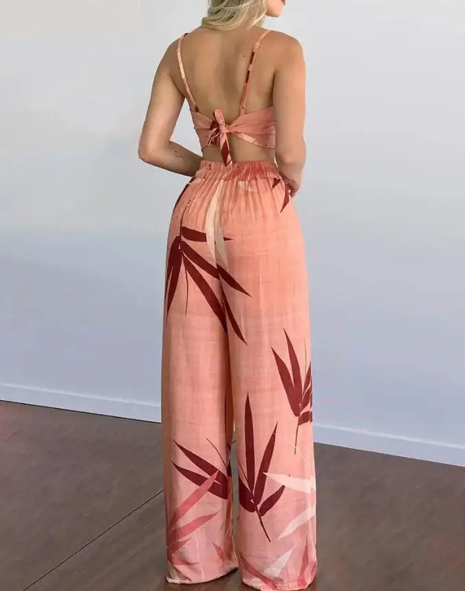Heidi-Mode | Sommer Neu Frauen Anzug Sexy Ärmellos Rückenlos Frauen Kleidung Blattdruck Crop Top & Weite Hosen Set Lange Hosen 2 Teilig Set