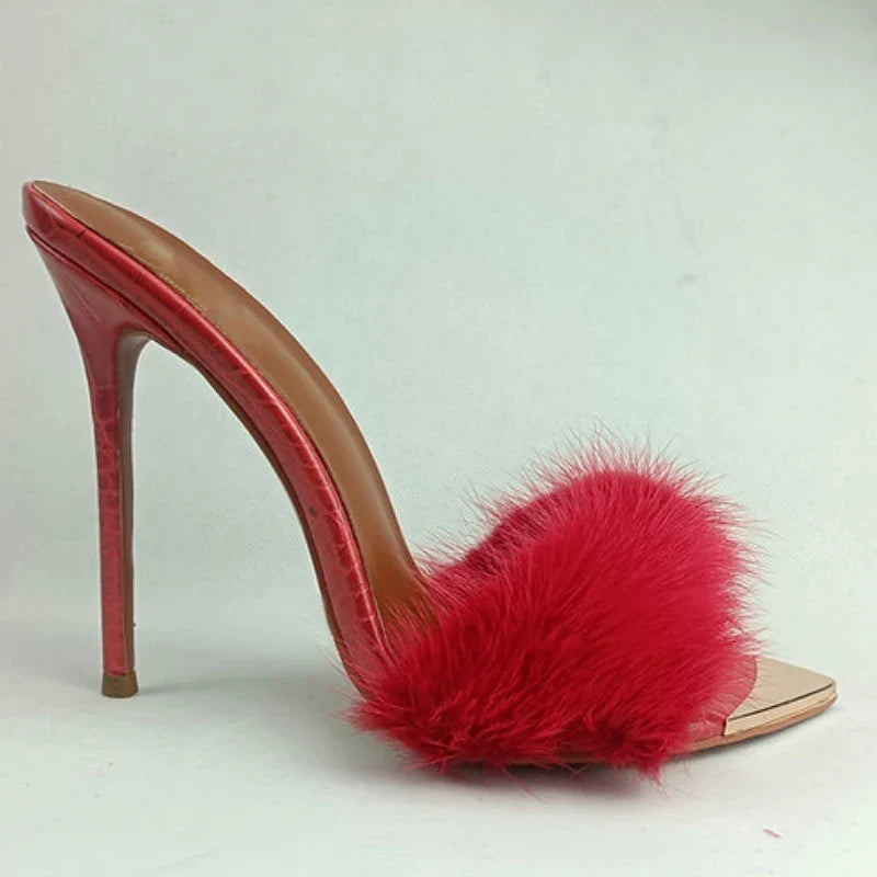 Heidi-Mode | Sommer Furry Mules Schuhe Peep Toe Dünne Absätze Slippers Frauen Sxy Metall Dekoration Spitz Zehe Gladiator Sandalen Fest Stiletto