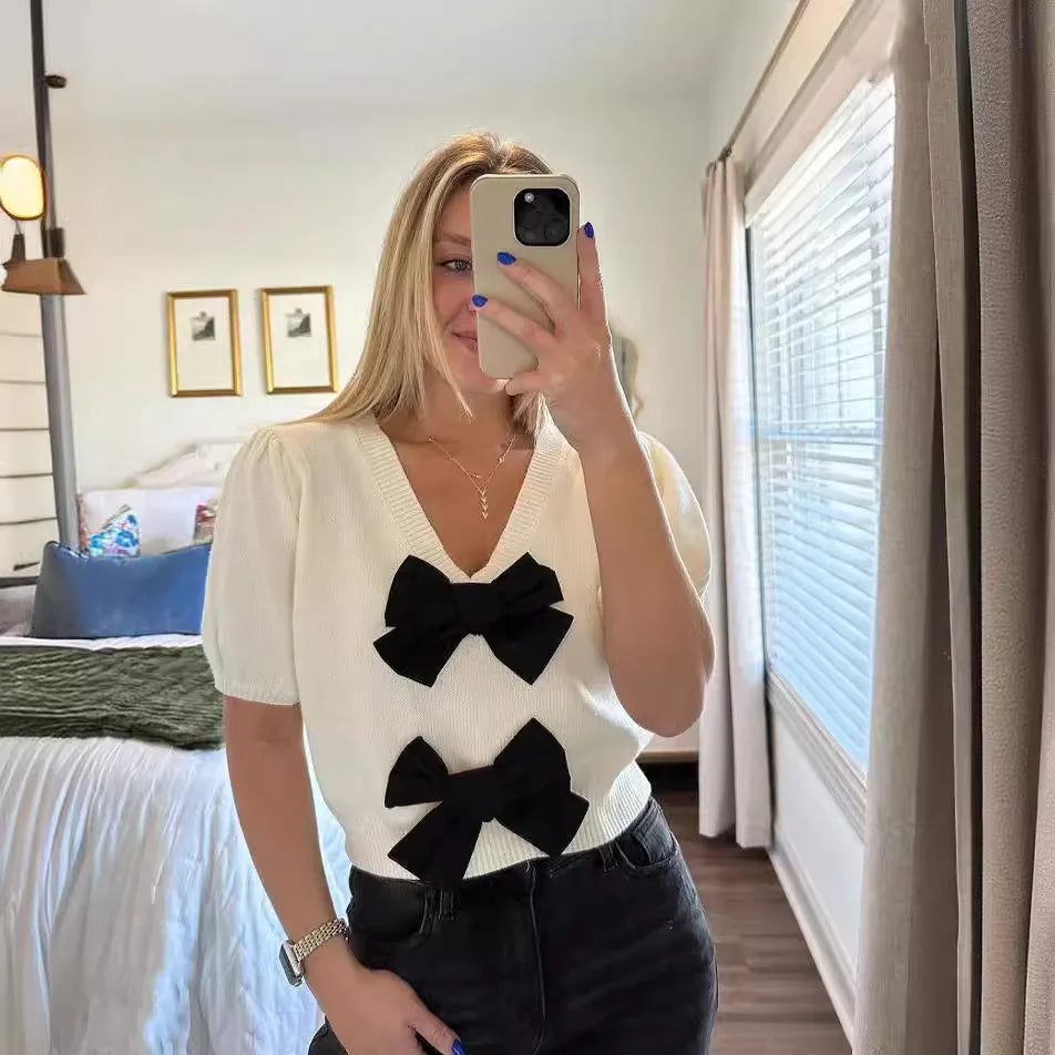Heidi-Mode | Frühling Sommer Frauen Strickpullover Pullover Schleife Schnürung V-Ausschnitt Kurz Puffärmel Crop Weiblich Süß Rosa Weiß Streetwear