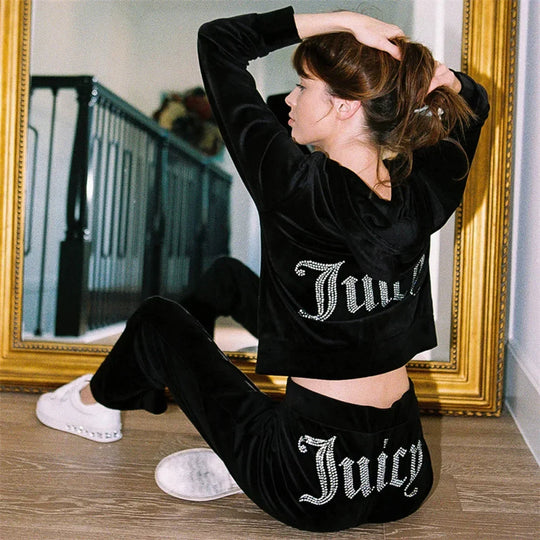 Heidi-Mode | Velours Trainingsanzug Frauen Langarm Hoodie Juicy Bling Shine Tops und Hose Zweiteilig Diamant Logo Druck Lässige Workout Kleidung