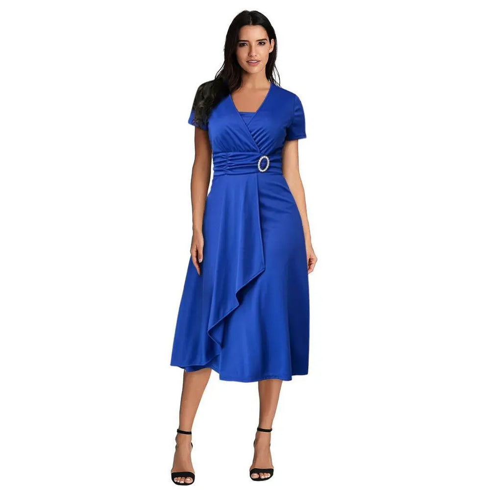 Heidi-Mode | Elegante Frauen Einfarbig Kurzarm V-Ausschnitt Asymmetrischer Saum Tailliert Midi Festkleid Damen Abendkleider
