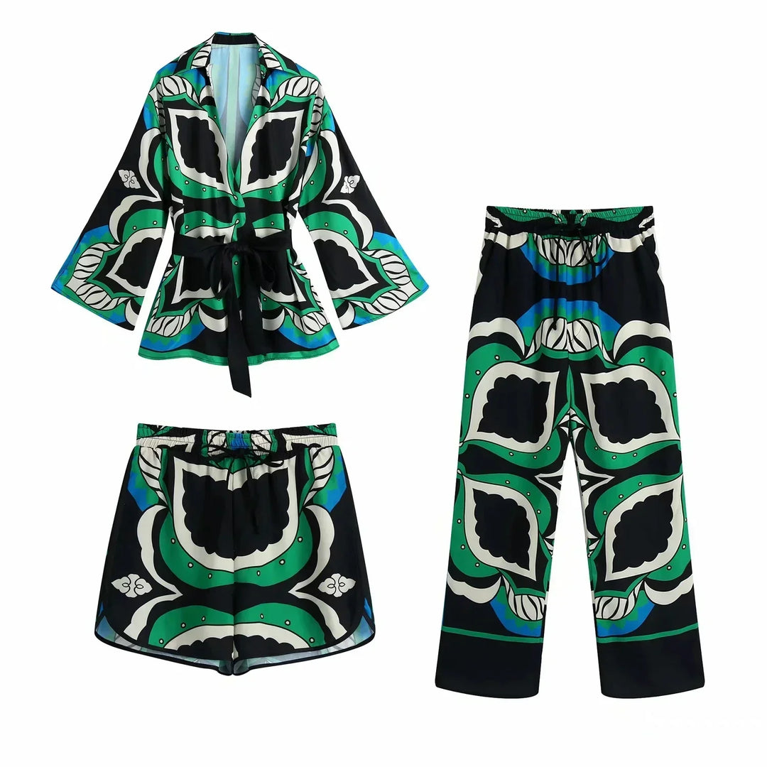 Heidi-Mode | Foridol Übergröße Grün Print Boho Frauen Shorts Set Shirts Shorts Hosen Drei Stücke Mode Set Passende Set Sommer