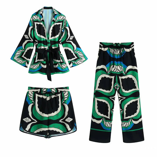 Heidi-Mode | Foridol Übergröße Grün Print Boho Frauen Shorts Set Shirts Shorts Hosen Drei Stücke Mode Set Passende Set Sommer