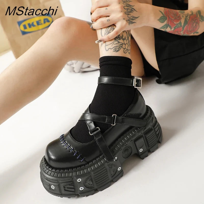Heidi-Mode | Punk Stil Flach Plattform Schuhe Niete Schnalle Riemen Mary Janes Kreuz Riemen Schwarz Leder Dicke Sohle Schuhe Frauen Sandalen Sommer