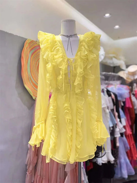 Heidi-Mode | Tossy V-Ausschnitt Schnürung Rüschensommerkleid für Frauen Mesh Bandage Hohe Taille Mode Abendkleid Kleid Weibliches Minikleid
